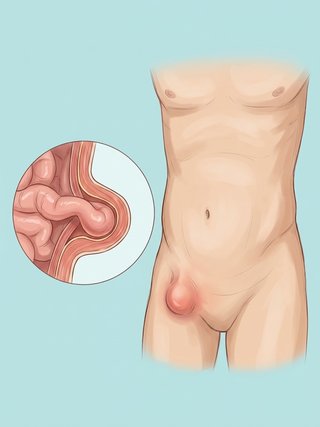 Anatomical illustration of a femoral hernia at the upper inner thigh.