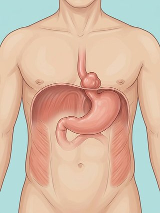 Anatomical illustration of a hiatus hernia with the stomach above the diaphragm.