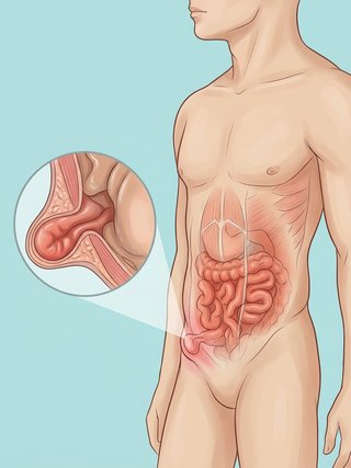 Anatomical illustration of an inguinal hernia in the groin.